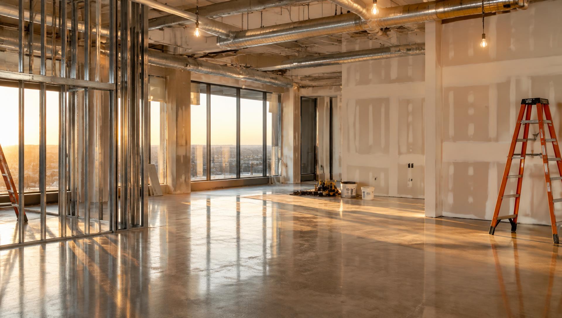 Commercial interior construction with exposed steel